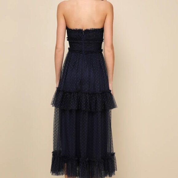 Delightful Bliss Navy Mesh Swiss Dot Strapless Midi Dress - Picture 3 of 4